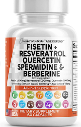 CLEAN NUTRACEUTICALS AGE DEFEND FISETIN + RESVERATROL, QUERCETIN, SPERMIDINE & BERBERINE EACH SERVING CONTAINS: FISETIN 2,500MG, RESVERATROL 1,000MG, QUERCETIN 1,000MG, SPERMIDINE (WHEAT GERM) 1,000MG + AGE DEFEND BLEND ALL-IN-1 SUPPLEMENT FISETIN FN RESVERATROL RV SPERMIDINE WHEAT GERM SWG TURMERIC TR ALPHA KETO-GLUTARATE AKG NICOTINAMIDE ADENINE DINUC-LEOTIDE NAD INDOLE-3 CARBINOL I3C QUERCETIN Q BERBERINE BR RHODIOLA RH ARTEMISININ AR APIGENIN AP GLUTATHIONE GI PTERO-STILBENE PT MADE IN USA DIETARY SUPPLEMENT 60 CAPSULES logo