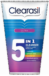 CLEARASIL ULTRA 5 IN 1 CLEANSER FIGHTS 5 ACNE PROBLEMS REDNESS PIMPLE SIZE EXCESS OIL BLOCKED PORES ACNE MARKS logo