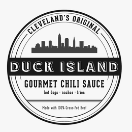 CLEVELAND'S ORIGINAL DUCK ISLAND GOURMET CHILI SAUCE HOT DOGS · NACHOS · FRIES MADE WITH 100% GRASS-FED BEEF logo