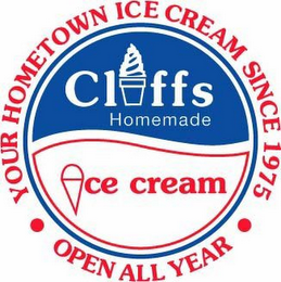 CLIFFS HOMEMADE ICE CREAM YOUR HOMETOWNICE CREAM SINCE 1975 OPEN ALL YEAR logo