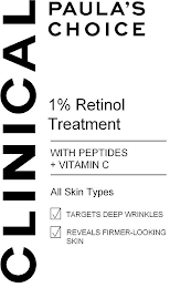 CLINICAL PAULA'S CHOICE 1% RETINOL TREATMENT WITH PEPTIDES + VITAMIN C ALL SKIN TYPES TARGETS DEEP WRINKLES REVEALS FIRMER-LOOKING SKIN logo