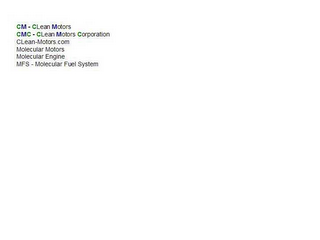 CM-CLEAN MOTORS CMC-CLEAN MOTORS CORPORATION CLEAN-MOTORS.COM MOLECULAR MOTORS MOLECULAR ENGINE MFS - MOLECULAR FUEL SYSTEM logo