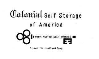 COLONIAL SELF STORAGE OF AMERICA YOUR KEY TO SELF STORAGE STORE IT YOURSELF AND SAVE logo