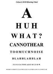 COLUCCI 20/20 HEARING CHART A HUH WHAT? CANNOTHEAR TOOMUCHNOISE BLAHBLAHBLAH YESICANHEARYOUNOW HMYOHMYICANHEARICANHEARICANHEAR logo
