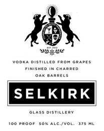 COMPLECTO QUOD INSPERATUS, EST. 2012, VODKA DISTILLED FROM GRAPES FINISHED IN CHARRED OAK BARRELS, SELKIRK, GLASS DISTILLERY 100% PROOF 50% ALC./VOL. 375 ML logo