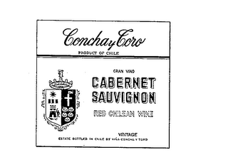 CONCHA Y TORO PRODUCT BY CHILE CABERNET SAUVIGNON RED CHILEAN WHINE VINTAGE ESTATE BOTTLED IN CHILE BY VINA CONCHA TORO logo