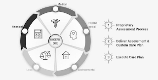 CONCIERGE CARE; FINANCIAL; MEDICAL; PSYCHO-SOCIAL; ENVIRONMENTAL; LEGAL. 1 PROPRIETARY ASSESSMENT PROCESS; 2 DELIVER ASSESSMENT & CUSTOM CARE PLAN; 3 EXECUTE CARE PLAN logo