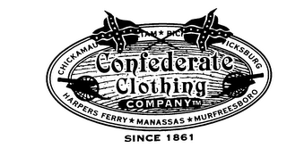 CONFEDERATE CLOTHING COMPANY HARPERS FERRY MANASSAS MURFREESBORO SINCE 1861 logo
