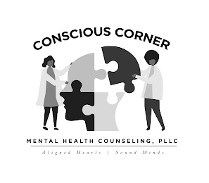 CONSCIOUS CORNER MENTAL HEALTH COUNSELING, PLLC. ALIGNED HEARTS SOUND MINDS. logo