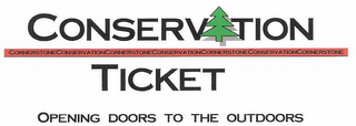 CONSERV TION CORNERSTONECONSERVATIONCORNERSTONECONSERVATIONCORNERSTONECONSERVATIONCORNERSTONE TICKET OPENING DOORS TO THE OUTDOORS logo