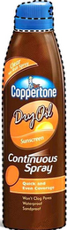 COPPERTONE DRY OIL SUNSCREEN CLEAR NO-RUB SPRAY CONTINUOUS SPRAY QUICK AND EVEN COVERAGE WON'T CLOG PORES WATERPROOF SANDPROOF logo