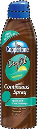 COPPERTONE DRY OIL SUNSCREEN CONTINUOUS SPRAY CLEAR NO-RUB SPRAY QUICK AND EVEN COVERAGE WON'T CLOG PORES WATERPROOF SANDPROOF logo