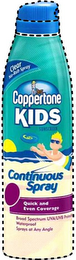 COPPERTONE KIDS SUNSCREEN CLEAR NO-RUB SPRAY CONTINUOUS SPRAY QUICK AND EVEN COVERAGE BROAD SPECTRUM UVA/UVB PROTECTION WATERPROOF SPRAYS AT ANY ANGLE logo
