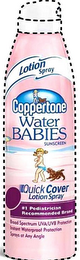 COPPERTONE LOTION SPRAY WATER BABIES SUNSCREEN QUICK COVER LOTION SPRAY #1 PEDIATRICIAN RECOMMENDED BRAND BROAD SPECTRUM UVA/UVB PROTECTION INSTANT WATERPROOF PROTECTION SPRAYS AT ANY ANGLE logo