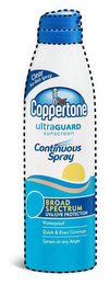 COPPERTONE ULTRAGUARD SUNSCREEN CLEAR NO-RUB SPRAY CONTINUOUS SPRAY BROAD SPECTRUM UVA/UVB PROTECTION WATERPROOF QUICK & EVEN COVERAGE SPRAYS AT ANY ANGLE logo
