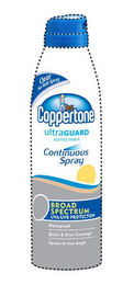 COPPERTONE ULTRAGUARD SUNSCREEN CONTINUOUS SPRAY CLEAR NO-RUB SPRAY BROAD SPECTRUM UVA/UVB PROTECTION WATERPROOF QUICK & EVEN COVERAGE SPRAYS AT ANY ANGLE logo