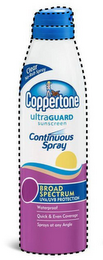 COPPERTONE ULTRAGUARD SUNSCREEN CONTINUOUS SPRAY CLEAR NO-RUB SPRAY BROAD SPECTRUM UVA/UVB PROTECTION WATERPROOF QUICK & EVEN COVERAGE SPRAYS AT ANY ANGLE logo