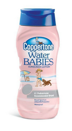 COPPERTONE WATER BABIES SUNSCREEN LOTION #1 PEDIATRICIAN RECOMMENDED BRAND BROAD SPECTRUM UVA/UVB PROTECTION WATERPROOF logo