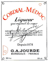 CORDIAL-MÉDOC LIQUEUR QUI RÉJOUIT LE COEUR DEPUIS 1878 G.A.JOURDE BORDEAUX - FRANCE logo