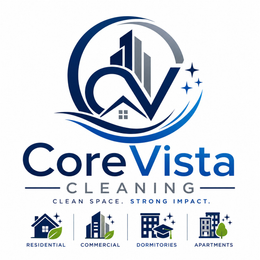 COREVISTA CLEANING CLEAN SPACE. STRONG IMPACT. RESIDENTIAL COMMERCIAL DORMITORIES APARTMENTS logo