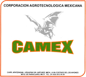 CORPORACIÓN AGROTECNOLÓGICA MEXICANA CAMEX CARR. APATZINGAN-URUAPAN S/N ANTUNEZ. MICH. A UN COSTADO DE LOS AVIONES MPIO. DE PARACUARO, MICH TEL. (01-425)59 2 54 30 logo