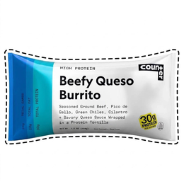COUNTER HIGH PROTEIN BEEFY QUESO BURRITO SEASONED GROUND BEEF, PICO DE GALLO, GREEN CHILES, CILANTRO + SAVORY QUESO SAUCE WRAPPED IN A PROTEIN TORTILLA 30G PROTEIN PER SERVING NET WT. 7.2 OZ (204G) COOK THOROUGHLY KEEP FROZEN 34G TOTAL CARBS 109 TOTAL FAT 30G TOTAL PROTEIN logo