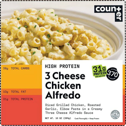 COUNTER SERVING SUGGESTION HIGH PROTEIN 3 CHEESE CHICKEN ALFREDO DICED GRILLED CHICKEN, ROAST GARLIC, ELBOW PASTA IN A CREAMY THREE CHEESE ALFREDO SAUCE NET WT. 10 OZ (284G) COOK THOROUGHLY · KEEP FROZEN 31 G PROTEIN PER SERVING 370 CALORIES PER SERVING INSPECTED FOR WHOLESOMENESS BY U.S. DEPARTMENT OF AGRICULTURE P-07644 38G TOTAL CARBS 10G TOTAL FAT 31G TOTAL PROTEIN logo