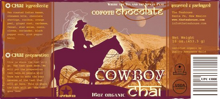 COWBOY CHAI, WHERE THE TEA AND THE SPICES PLAY, COWBOY APPROVED, COYOTE CHOCOLATE logo