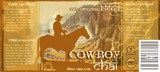 COWBOY CHAI WHERE THE TEA AND THE SPICES PLAY COWBOY APPROVED THE ORIGINAL BLEND logo