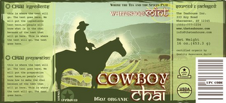 COWBOY CHAI WHERE THE TEA AND THE SPICES PLAY COWBOY APPROVED WHITESAGE MINT logo