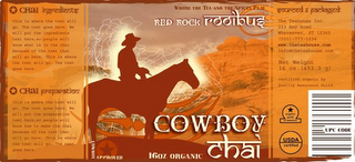 COWBOY CHAI WHERE THE TEA AND THE SPICES PLAY COWBOY APPROVED RED ROCK ROOIBUS logo