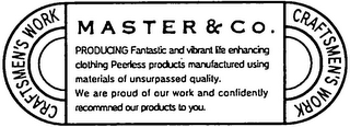 CRAFTSMEN'S WORK MASTER & CO. CRAFTSMEN'S WORK PRODUCING FANTASTIC AND VIBRANT LIFE ENHANCING CLOTHING PEERLESS PRODUCTS MANFACTURED USING MATERIALS OF UNSURPASSED QUALITY. WE ARE PROUD OF OUR WORK AND CONFIDENTLY RECOMMNED OUR PRODUCTS TO YOU. logo