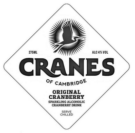 CRANES OF CAMBRIDGE ORIGINAL CRANBERRY SPARK ALCOHOLIC CRANBERRY DRINK SERVE CHILLED 275ML ALC 4%VOL logo