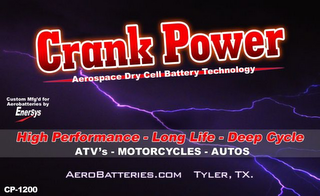 CRANK POWER AEROSPACE DRY CELL BATTERY TECHNOLOGY CUSTOM MFG'D FOR AEROBATTERIES BY ENERSYS HIGH PERFORMANCE - LONG LIFE - DEEP CYCLE ATV'S - MOTORCYCLES - AUTOS AEROBATTERIES.COM TYLER, TX. CP-1200 logo