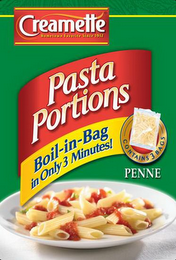 CREAMETTE HOMETOWN FAVORITE SINCE 1912 PASTA PORTIONS BOIL-IN-BAG IN ONLY 3 MINUTES! CONTAINS 3 BAGS PENNE logo