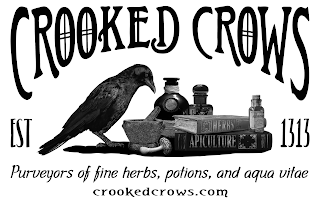CROOKED CROWS EST 1313 PURVEYORS OF FINE HERBS, POTIONS, AND AQUA VITAE CROOKEDCROWS.COM "HERBS" "APICULTURE" "ABSYNTHE" logo