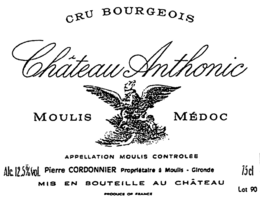 CRU BOURGEOIS CHÂTEAU ANTHONIC MOULIS MEDOC APPELLATION MOULIS CONTROLES PIERRE CORDONNIER PROPRIETAIRE & MOULIS GRONDE MIS EN BOUTEILLE AU CHATEAU PRODUCE OF FRANCE logo