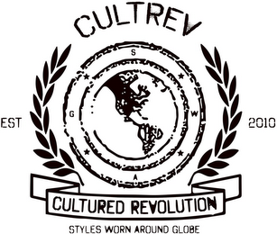 CULTREV EST. 2010 S W A G CULTURED REVOLUTION STYLES WORN AROUND GLOBE logo
