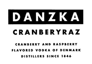 DANZKA CRANBERYRAZ CRANBERRY AND RASPBERRY FLAVORED VODKA OF DENMARK DISTILLERS SINCE 1846 logo