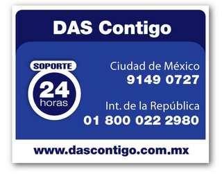 DAS CONTIGO SOPORITE 24 HORAS CLUDAD DE MEXICO 9149 0727 INT.DE LA REPUBLICA 01 800 022 2980 WWW.DASCONTIGO.COM.X logo