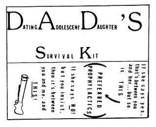 DATING ADOLESCENT DAUGHTER'S SURVIVAL KIT IF SHE SAYS YES, THAT'S BETWEEN YOU AND HER... BUT SO IS THIS (PREFERRED PROPHYLACTICS) IF SHE SAYS NO! BUT YOU INSIST, THEN ITS BETWEEN YOU AND ME, AND THIS! logo