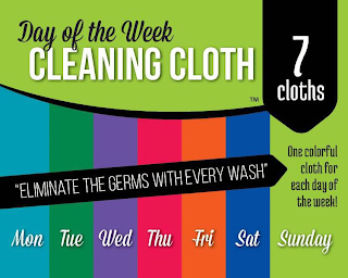 DAY OF THE WEEK CLEANING CLOTH 7 CLOTHSONE COLORFUL CLOTH FOR EACH DAY OF THE WEEK! MON TUE WED THU FRI SAT SUNDAY "ELIMINATE THE GERMS WITH EVERY WASH" logo