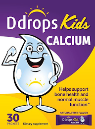 DDROPS KIDS CALCIUM HELPS SUPPORT BONE HEALTH AND NORMAL MUSCLE FUNCTION.* NATURAL FRUIT FLAVOR DDROPS KIDS CALCIUM 30 PACKETS DIETARY SUPPLEMENT logo