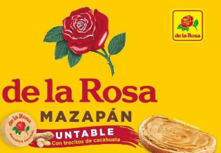 DE LA ROSA MAZAPÁN DE LA ROSA MAZAPÁN ORIGINAL UNTABLE CON TROCITOS DE CACAHUATE SUGERENCIA DE CONSUMO DE LA ROSA logo