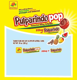 DE LA ROSA WITH ARTIFICIAL FLAVORS: WATERMELON, MANGO, PINEAPPLE AND TAMARIND. PULPARINDOPOP TAMARIND FILLED LOLLIPOPS. FILLING OF: PULPARINDO TAMARIND FILLING HARD CANDY LOLLIPOPS WITH ARTIFICIAL FLAVORS NET WT.10 OZ (283G) DE LA ROSA PULPARINDOPOP TAMARIND FILLED LOLLIPOPS FILLING OF: PULPARINDO logo