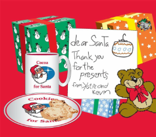 DEAR SANTA THANK YOU FOR THE PRESENTS FROM KATIE AND KEVIN COCOA FOR SANTA COOKIES FOR SANTA logo