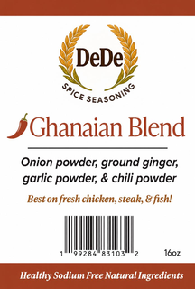 DEDE SPICE SEASONING GHANAIAN BLEND ONION POWDER, GROUND GINGER, GARLIC POWDER, & CHILI POWDER BEST ON FRESH CHICKEN, STEAK, & FISH! 1 99284 83103 2 16OZ HEALTHY SODIUM FREE NATURAL INGREDIENTS logo