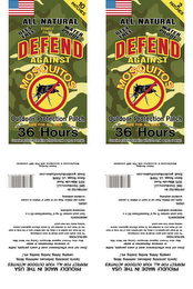 DEFEND AGAINST MOSQUITOS ALL NATURAL DEET FREE WATER PROOF FAMILY PACK OUTDOOR PROTECTION PATCH UP TO 36 HOURS PER PATCH CONVENIENT PROTECTION FROM BITES WITHOUT THE SMELL OR MESS OF SPRAY SAFE FOR ALL AGES 10 PATCHES logo
