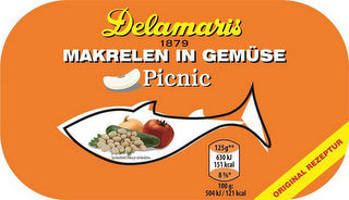 DELAMARIS 1879 MAKRELEN IN GEMÜSE PICNIC SYMBOLBILD/SLIKA JE SIMBOLICNA ORIGINAL REZEPTUR 125G** 630KJ 151 KCAL 8%* 100G: 504KJ/ 121 KCAL logo