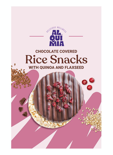DELICIOUS WELLNESS AL QUI MIA CHOCOLATE COVERED RICE SNACKS WITH QUINOA AND FLAXSEED logo